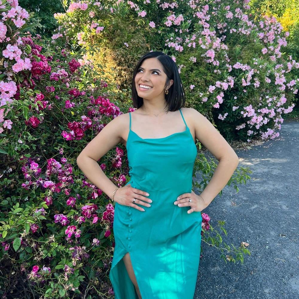 Teal Satin Zara midi dress